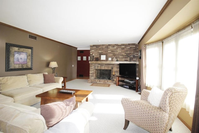 living room with light carpet, crown molding, and a fireplace