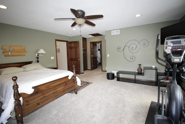 bedroom with ceiling fan and carpet flooring