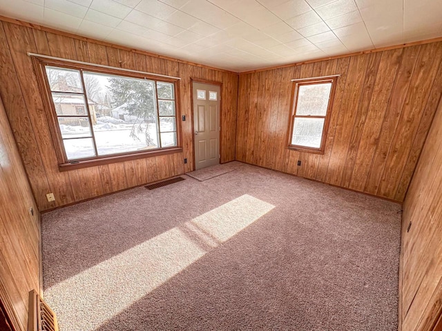 carpeted spare room featuring a wealth of natural light and wooden walls