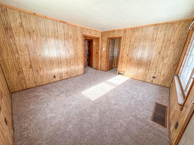 carpeted spare room featuring wooden walls