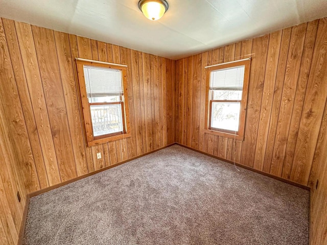 carpeted empty room featuring a wealth of natural light and wooden walls