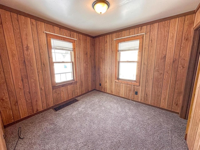 unfurnished room with wood walls, dark carpet, and a wealth of natural light