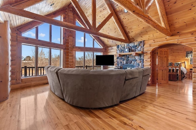 living room with wooden walls, wooden ceiling, light hardwood / wood-style floors, and beamed ceiling