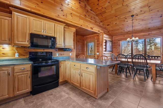 kitchen with black appliances, a chandelier, hanging light fixtures, wood ceiling, and kitchen peninsula