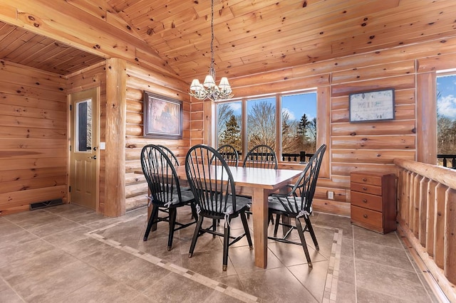 dining space featuring lofted ceiling, rustic walls, wood ceiling, light tile patterned floors, and a notable chandelier