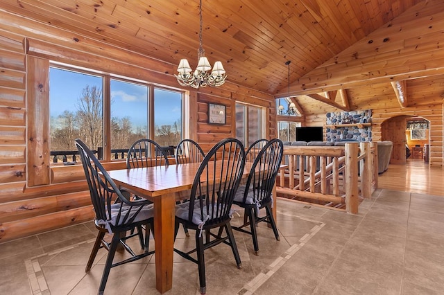 dining area featuring wood ceiling, high vaulted ceiling, log walls, and an inviting chandelier