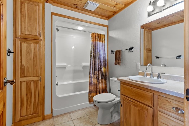 full bathroom with wood ceiling, shower / tub combo, vanity, tile patterned floors, and toilet