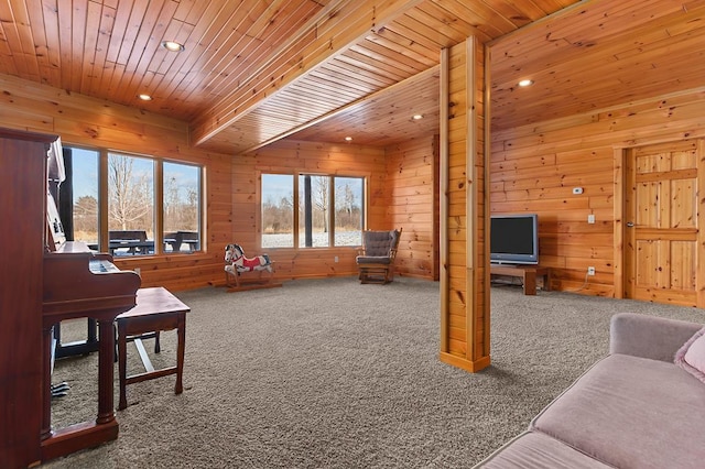 rec room with wooden walls, wooden ceiling, and carpet