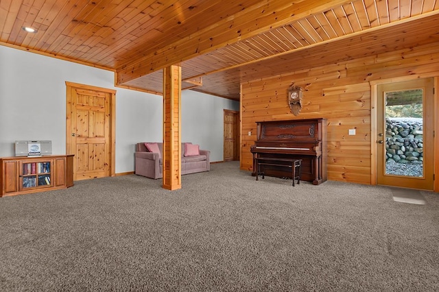 interior space with carpet flooring, wooden ceiling, and wooden walls