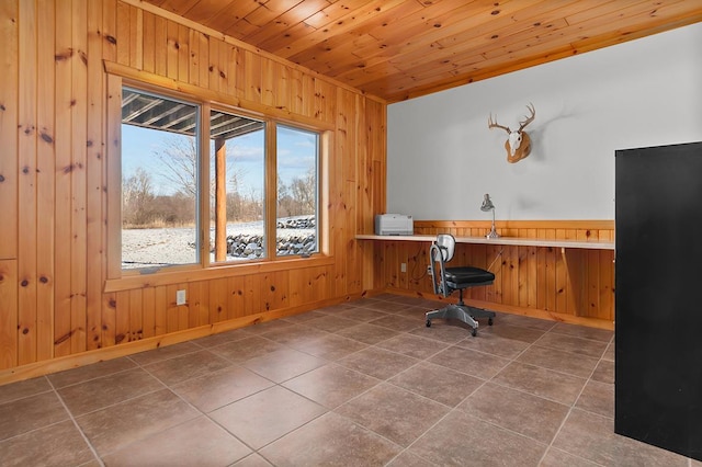 unfurnished office featuring wood ceiling and wooden walls