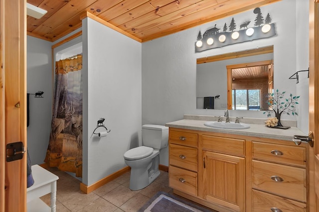 bathroom featuring walk in shower, toilet, wooden ceiling, vanity, and tile patterned flooring