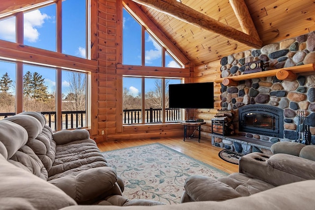 living room with beam ceiling, log walls, wood-type flooring, and wooden ceiling