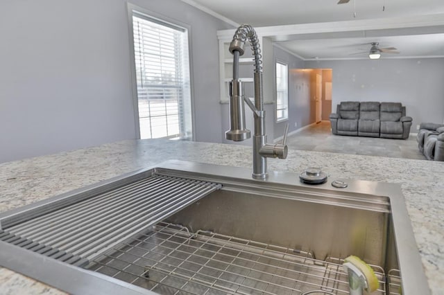 room details with ceiling fan, ornamental molding, and sink