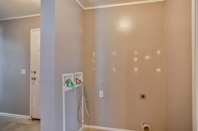 washroom with ornamental molding, hookup for an electric dryer, and washer hookup