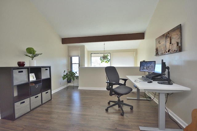 office space featuring vaulted ceiling with beams and dark hardwood / wood-style floors