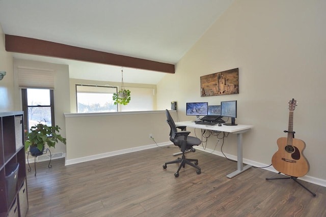 office area featuring dark wood-type flooring and vaulted ceiling