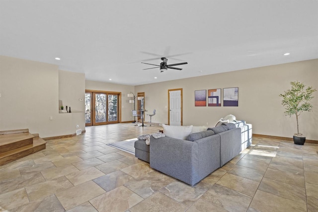 living room with ceiling fan