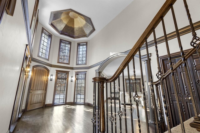 entrance foyer featuring dark hardwood / wood-style flooring, a towering ceiling, and crown molding