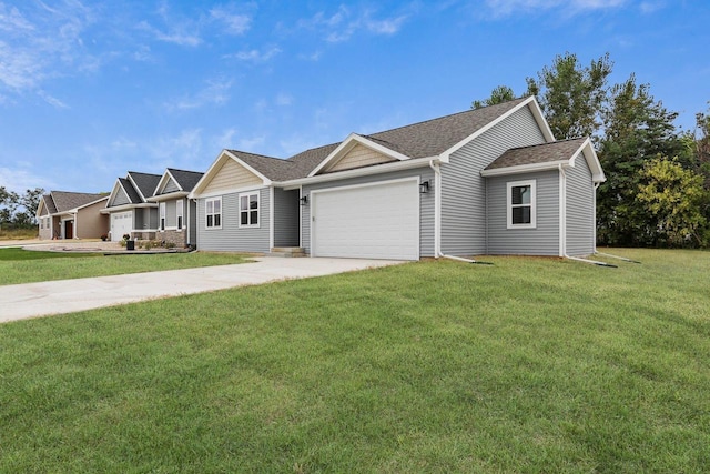 ranch-style house with a garage and a front lawn