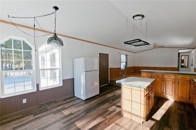 2218 10 1/8 Ave, Chetek, WI 54728 - kitchen with a center island, hanging light fixtures, ornamental molding, dark hardwood / wood-style flooring, and white fridge