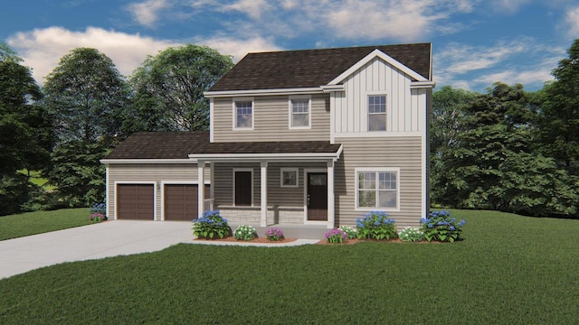 view of front of home with a garage, a porch, and a front lawn