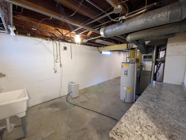 basement with sink and water heater