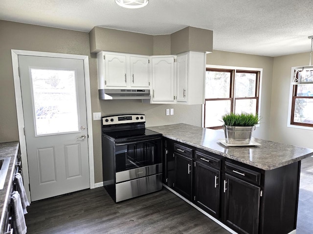 kitchen featuring stainless steel electric range, dark hardwood / wood-style floors, white cabinets, and kitchen peninsula