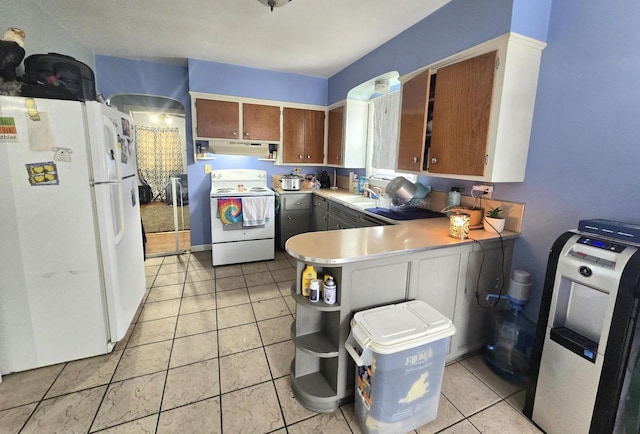 kitchen with sink, light tile patterned floors, white appliances, and kitchen peninsula