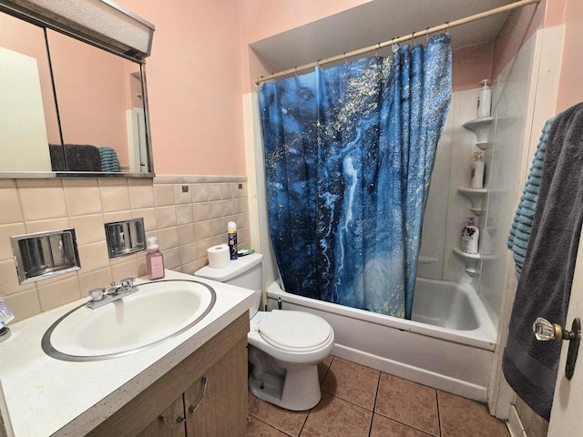 full bathroom featuring tile patterned floors, toilet, tile walls, shower / bathtub combination with curtain, and decorative backsplash