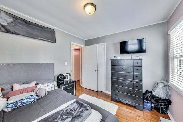 bedroom featuring ornamental molding, wood-type flooring, and multiple windows