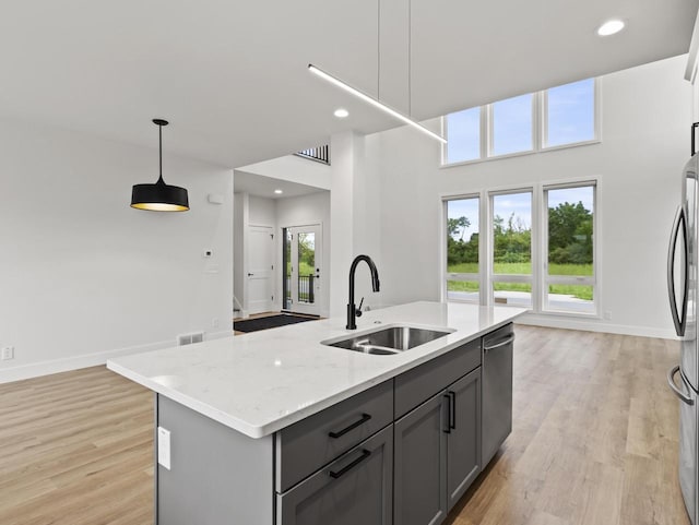 kitchen with sink, appliances with stainless steel finishes, gray cabinets, an island with sink, and pendant lighting