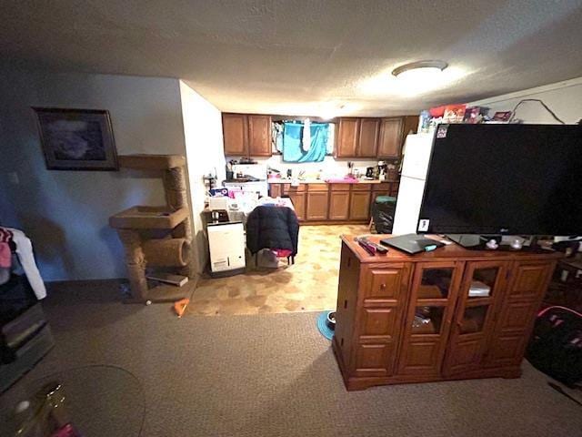 kitchen with light carpet and a textured ceiling