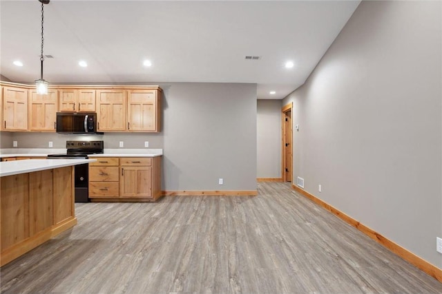 kitchen with pendant lighting, light brown cabinetry, black electric range oven, and light hardwood / wood-style floors