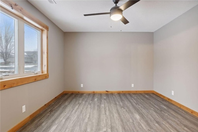 unfurnished room with wood-type flooring, a wealth of natural light, and ceiling fan