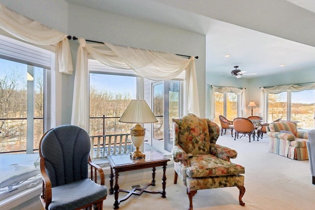 living area featuring ceiling fan and carpet flooring