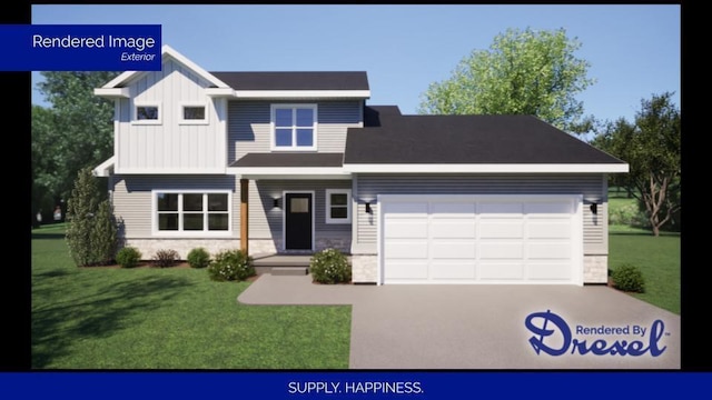 view of front of property featuring an attached garage, driveway, board and batten siding, and a front yard