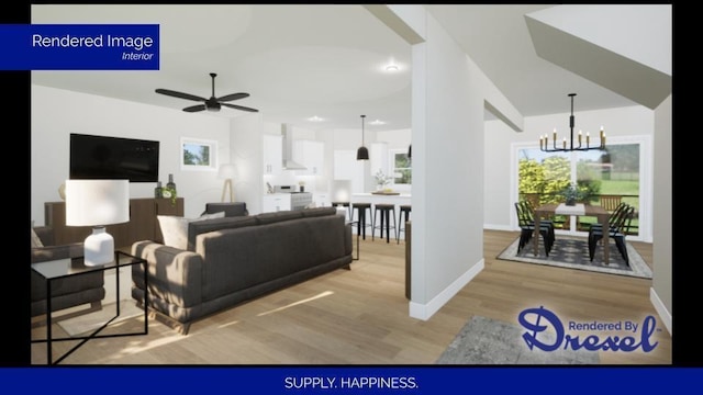 living room with light wood-type flooring, baseboards, a wealth of natural light, and ceiling fan with notable chandelier