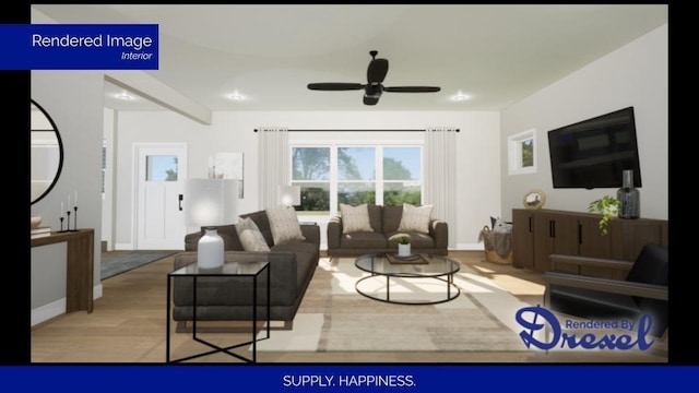 living room with light wood-style flooring, baseboards, and a ceiling fan