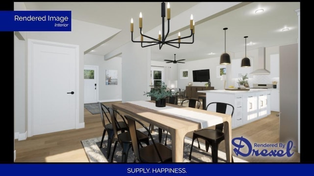 dining room featuring ceiling fan with notable chandelier and light wood-type flooring