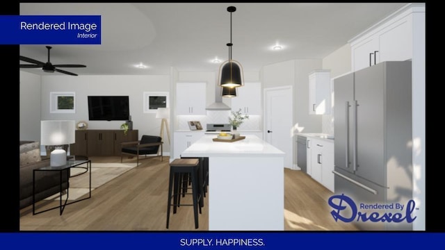 kitchen featuring open floor plan, light countertops, and white cabinets