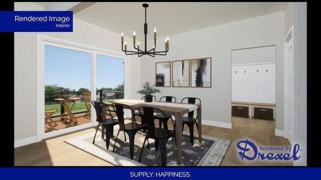 dining room featuring a chandelier, wood finished floors, and baseboards