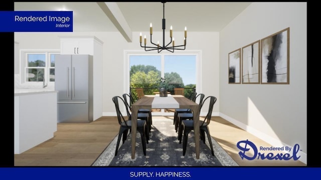 dining area featuring a notable chandelier, beam ceiling, baseboards, and wood finished floors