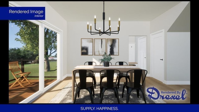 dining room featuring baseboards, light wood finished floors, and an inviting chandelier