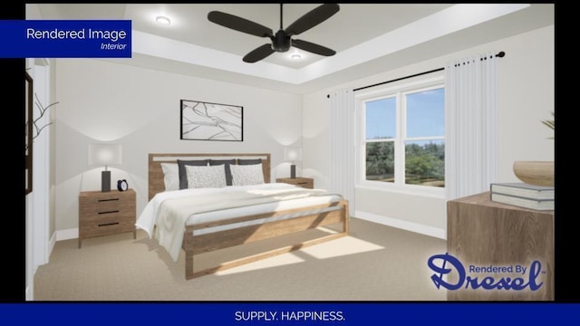 carpeted bedroom featuring a raised ceiling, ceiling fan, and baseboards