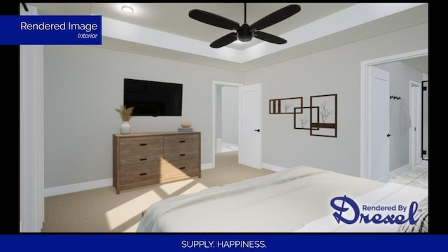 bedroom with a raised ceiling, light carpet, ceiling fan, and baseboards