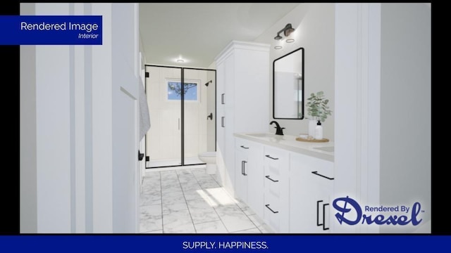 bathroom featuring marble finish floor, double vanity, toilet, a sink, and a shower stall