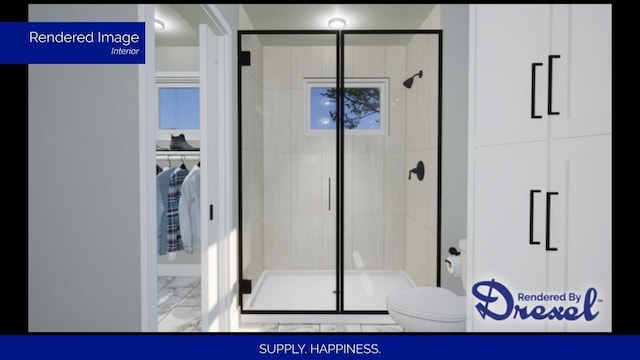 bathroom with toilet, a stall shower, a spacious closet, and marble finish floor