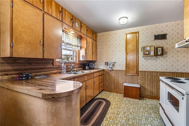 kitchen featuring extractor fan, sink, and white range with electric stovetop