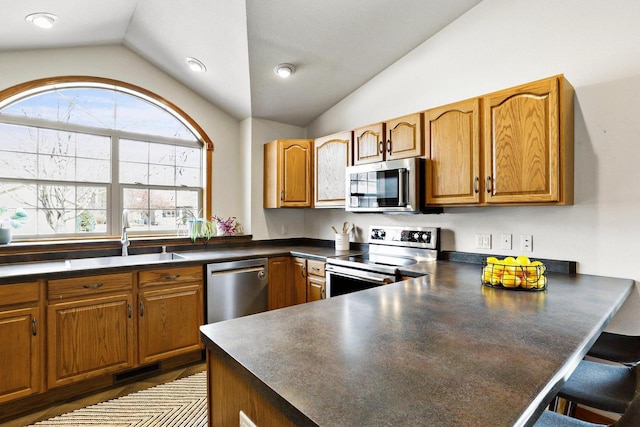 kitchen featuring dark countertops, a sink, stainless steel appliances, and vaulted ceiling