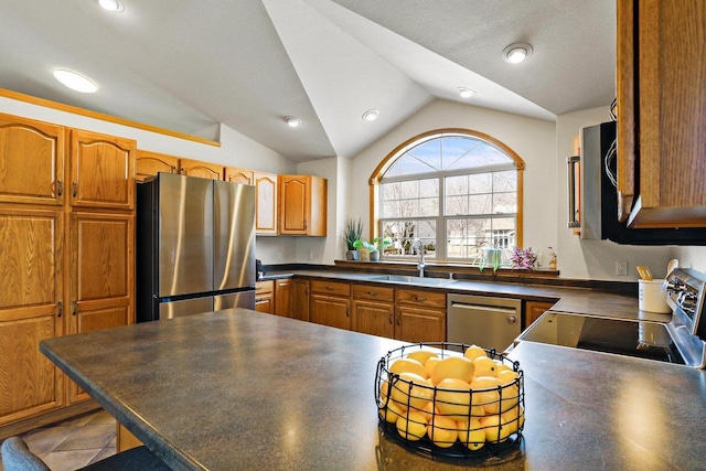 kitchen featuring a sink, dark countertops, vaulted ceiling, and stainless steel appliances